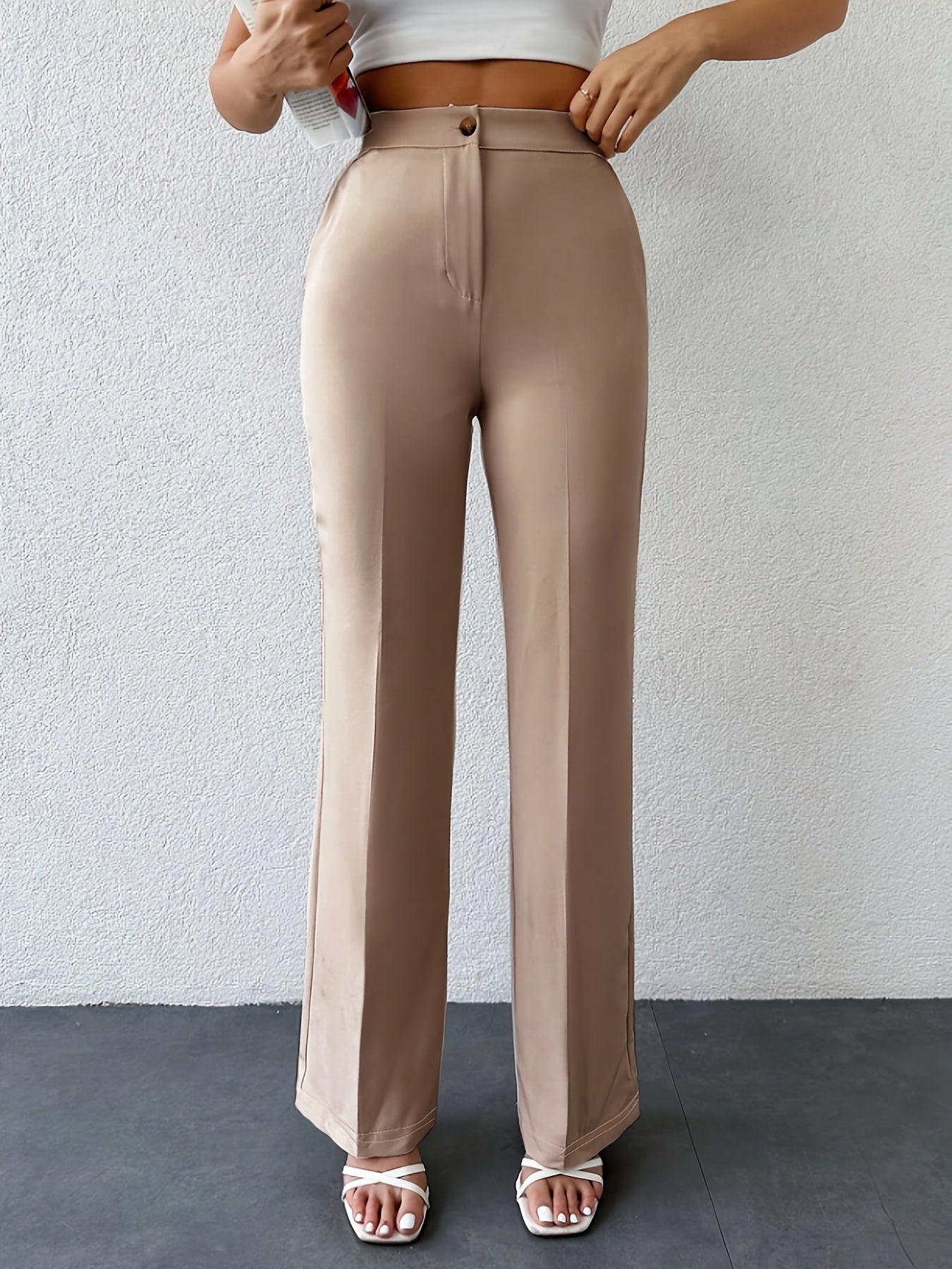 Elegant Women's Solid Color Wide-Leg Pants - High Waist, Straight Leg, Polyester Blend, Machine Washable - Perfect for Fall/Winter, Long Pants