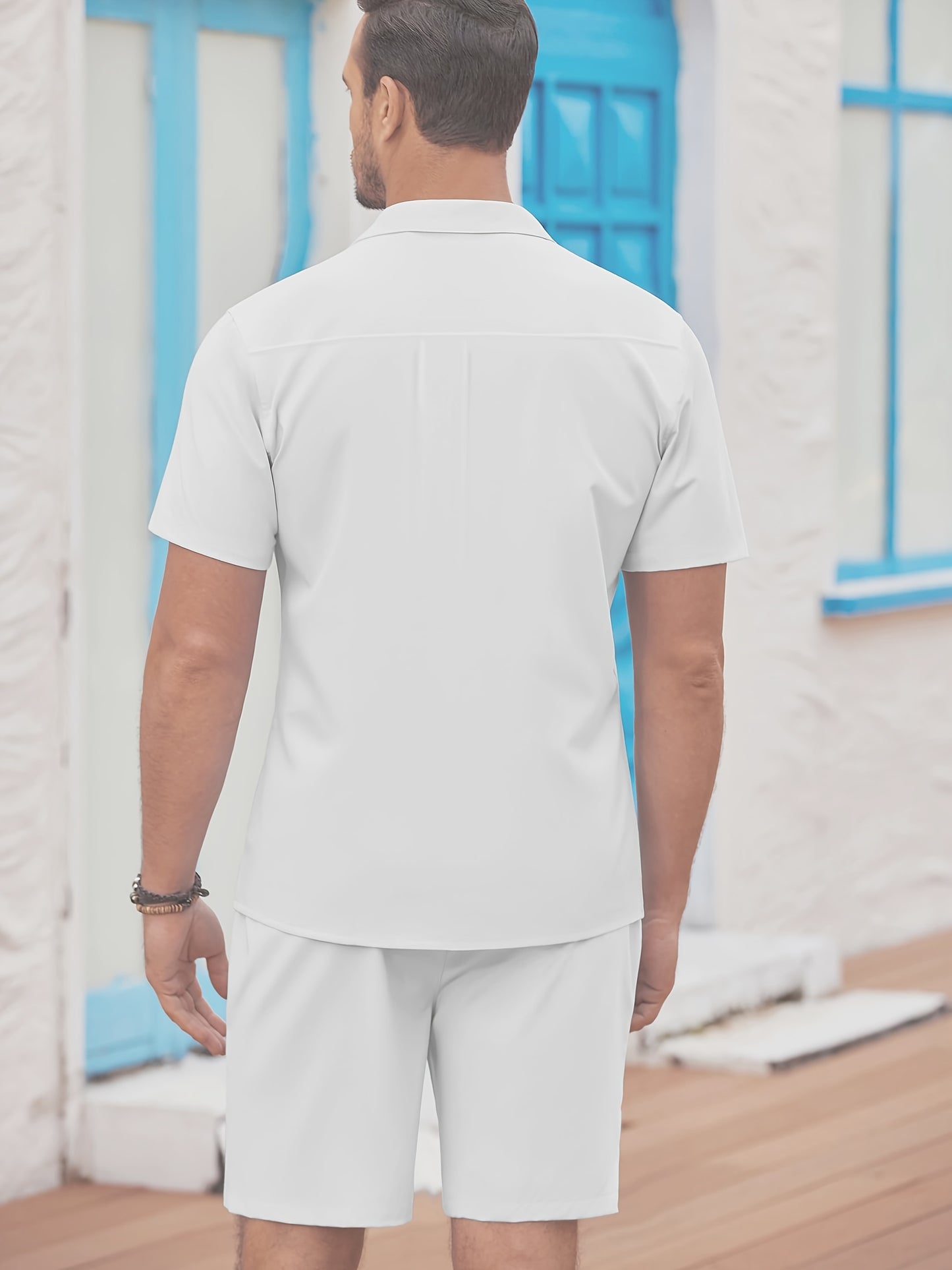 Men'S 2pcs Summer Beach Set, Cotton Linen Blend, Casual Short Sleeve Button- Shirt and Shorts, Solid Color, Lapel Collar, Non-Stretch Fabric, Regular Fit, Woven, 160g/m² - Loungewear Outfit