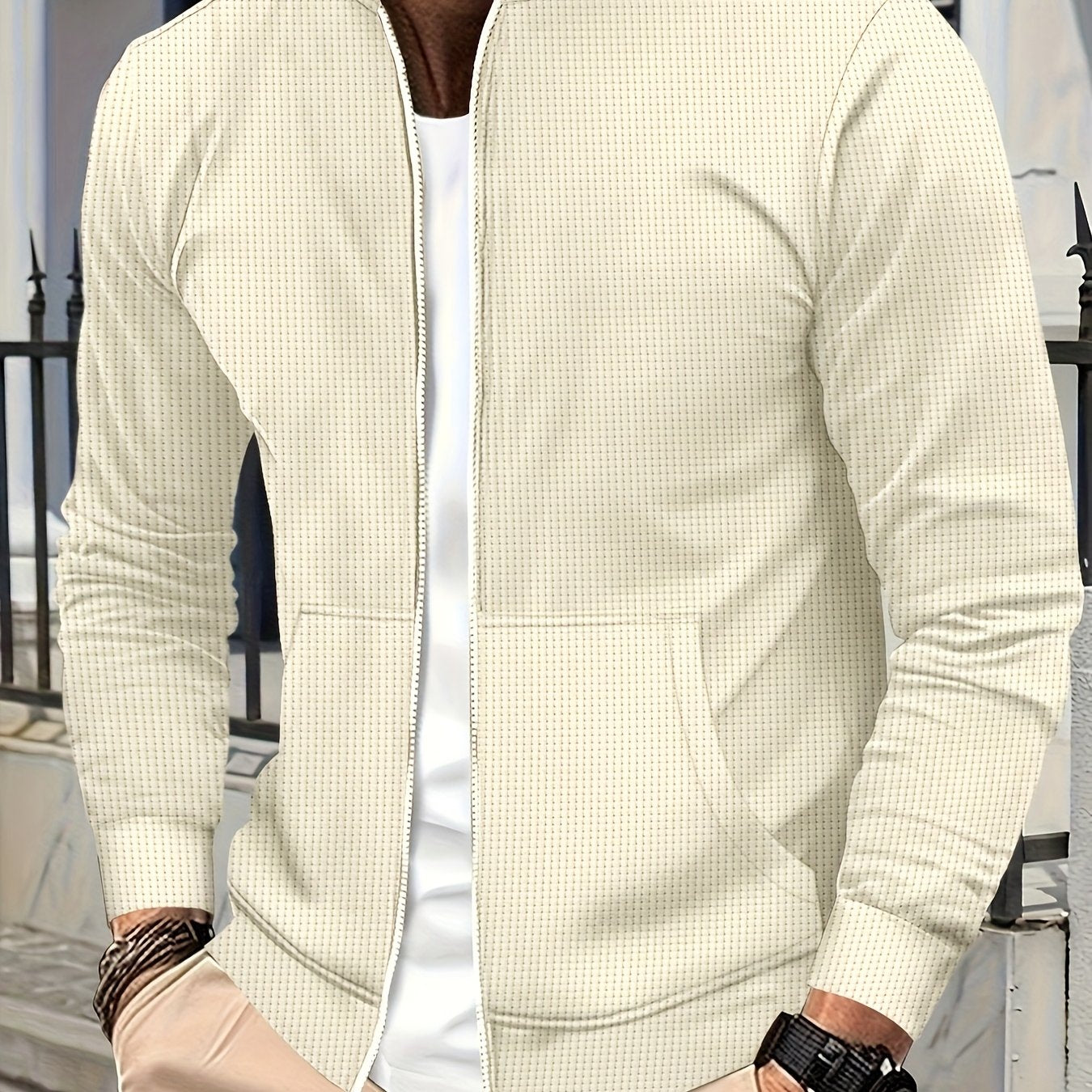 Men's Lightweight Jacket with Stand-Up Collar - Zippered Front Closure, Regular Fit Casual Coat for Everyday & Formal Wear - Spring/Fall Outerwear in White/Neutral Tones - Easy Care Zipper Jacket