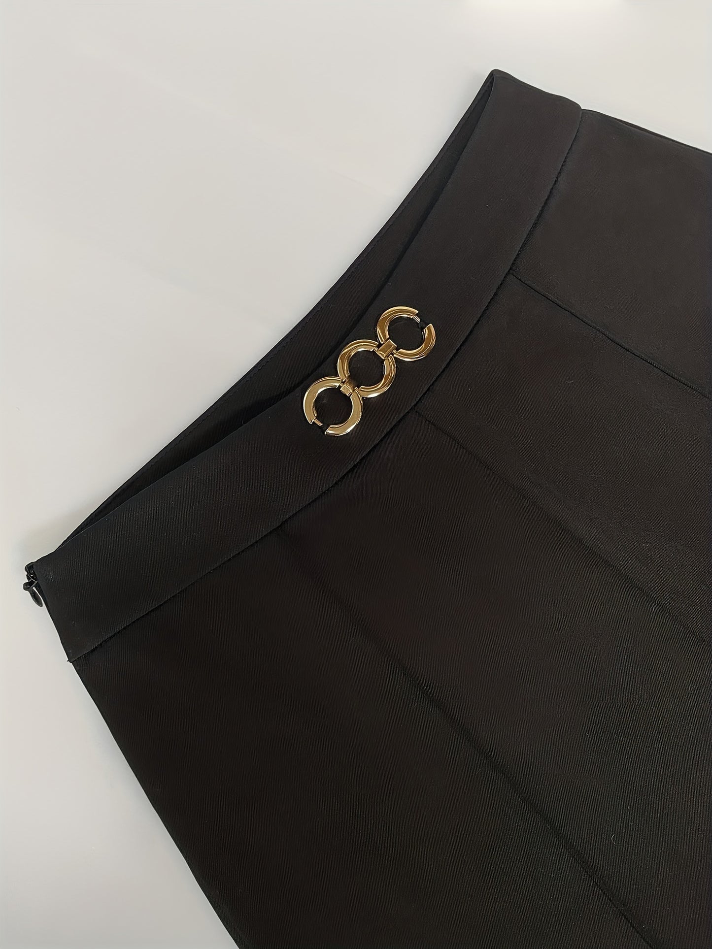 Elegant Navy Blue High-Waist Straight Leg Pants with Golden-Tone Metal Button Detail - Versatile & Chic Women's Workwear, 100% Polyester/Spandex Blend, Machine Washable