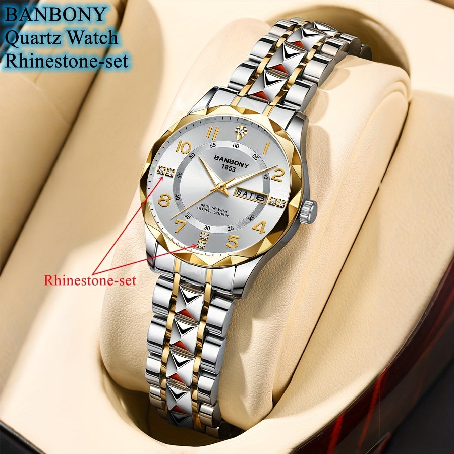 Banbony Women'S Quartz Watch - Luxury IPX7 Waterproof Stainless Steel Strap, Luminous Display, Rhinestone Accents, Date & Night Light, Minimalist Black Dial, Perfect Gift for Women, Casual Timepiece, Elegant Timepiece, Highqu