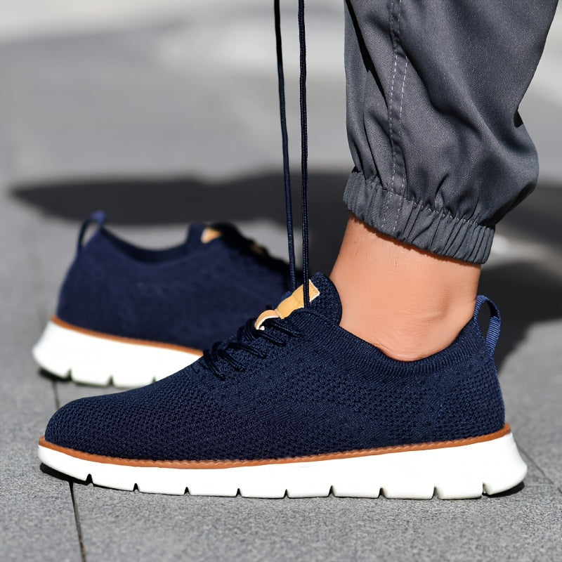 Men's Breathable Knit Business Casual Shoes - Beige with Brown Accents, Lace-Up, EVA Sole, Round Toe, Versatile for All Seasons, Dressy Shoes