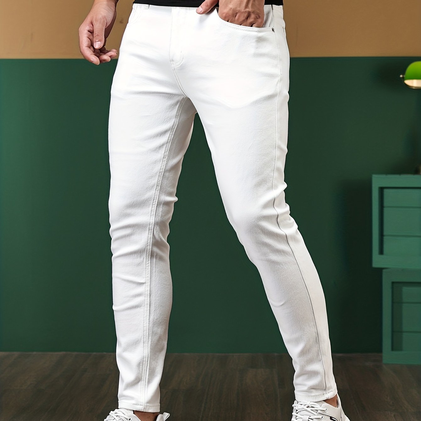 Slim Fit Chic Jeans, Men's Casual Street Style All Match Stretch Denim Pants With Pockets