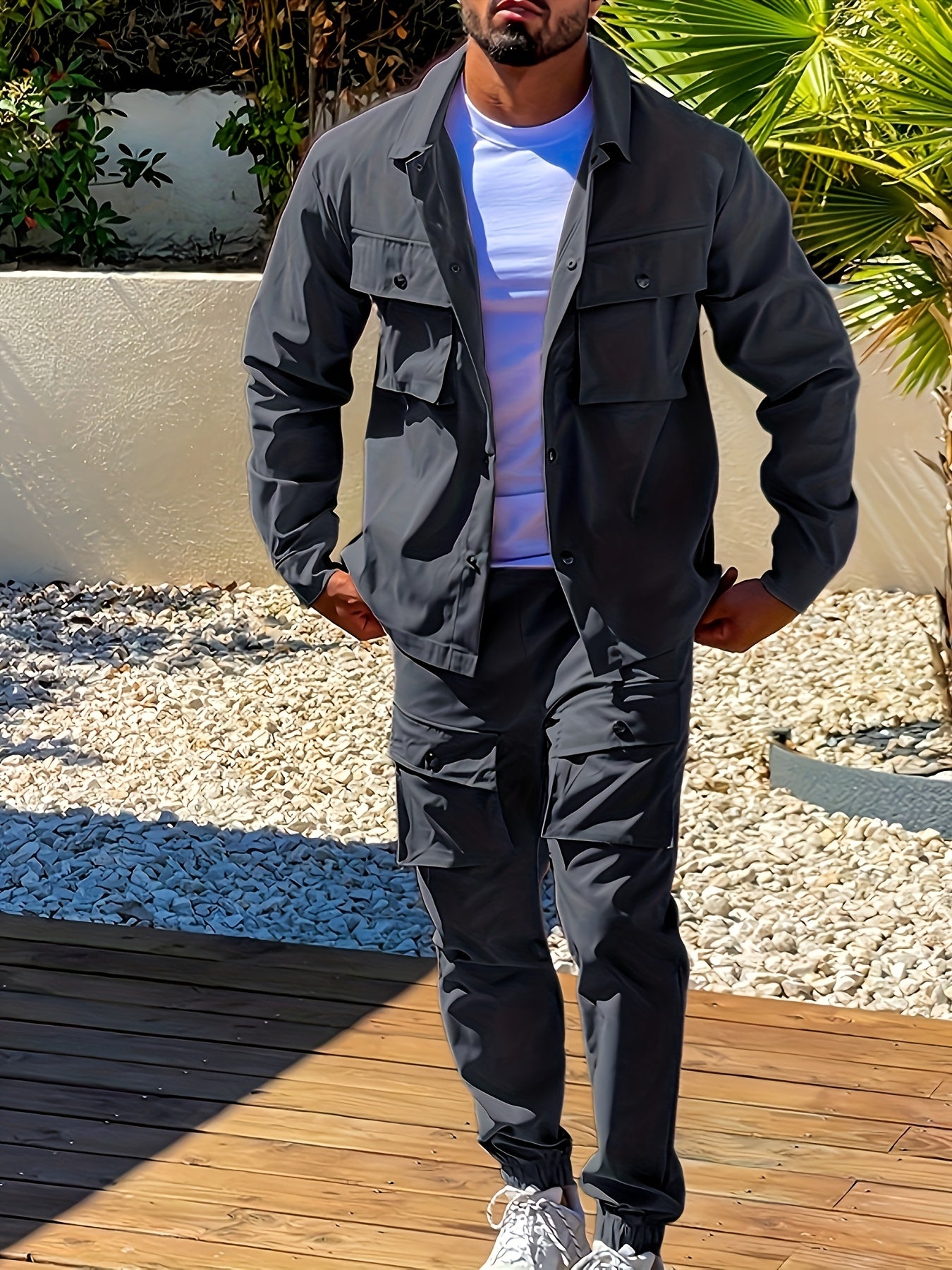Men'S Casual Polyester Suit Set, Solid Color, Non-Stretch, Regular Fit, with Lapel Collar, Pocket Details, for Hiking, Daily Wear, and Special Occasions, Spring/Fall, Fall/Winter