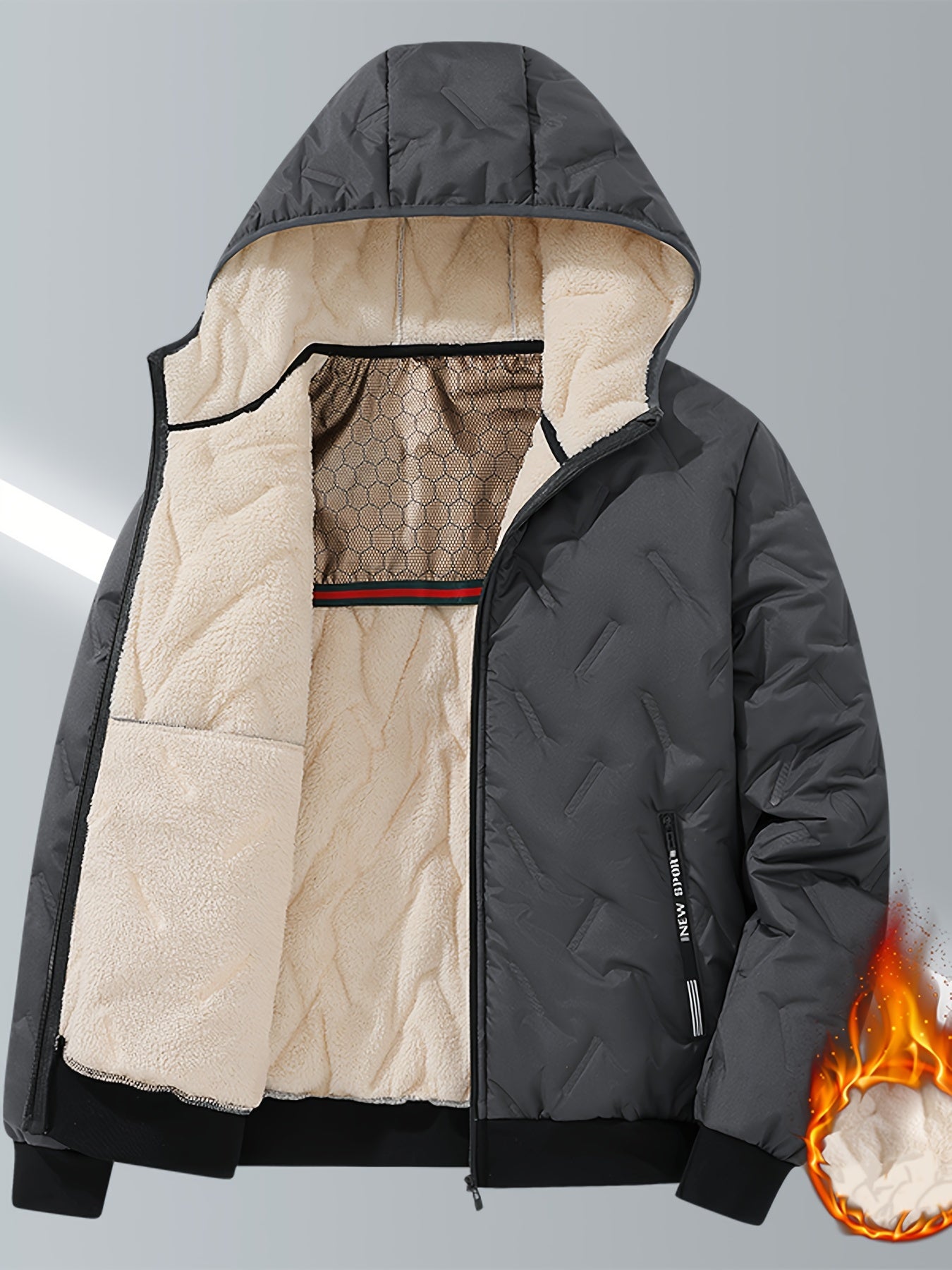 Men's Casual Winter Jacket - Thick Fleece-Lined, Windproof Hooded Coat with Embossed Design, Zip-Up, Solid Color