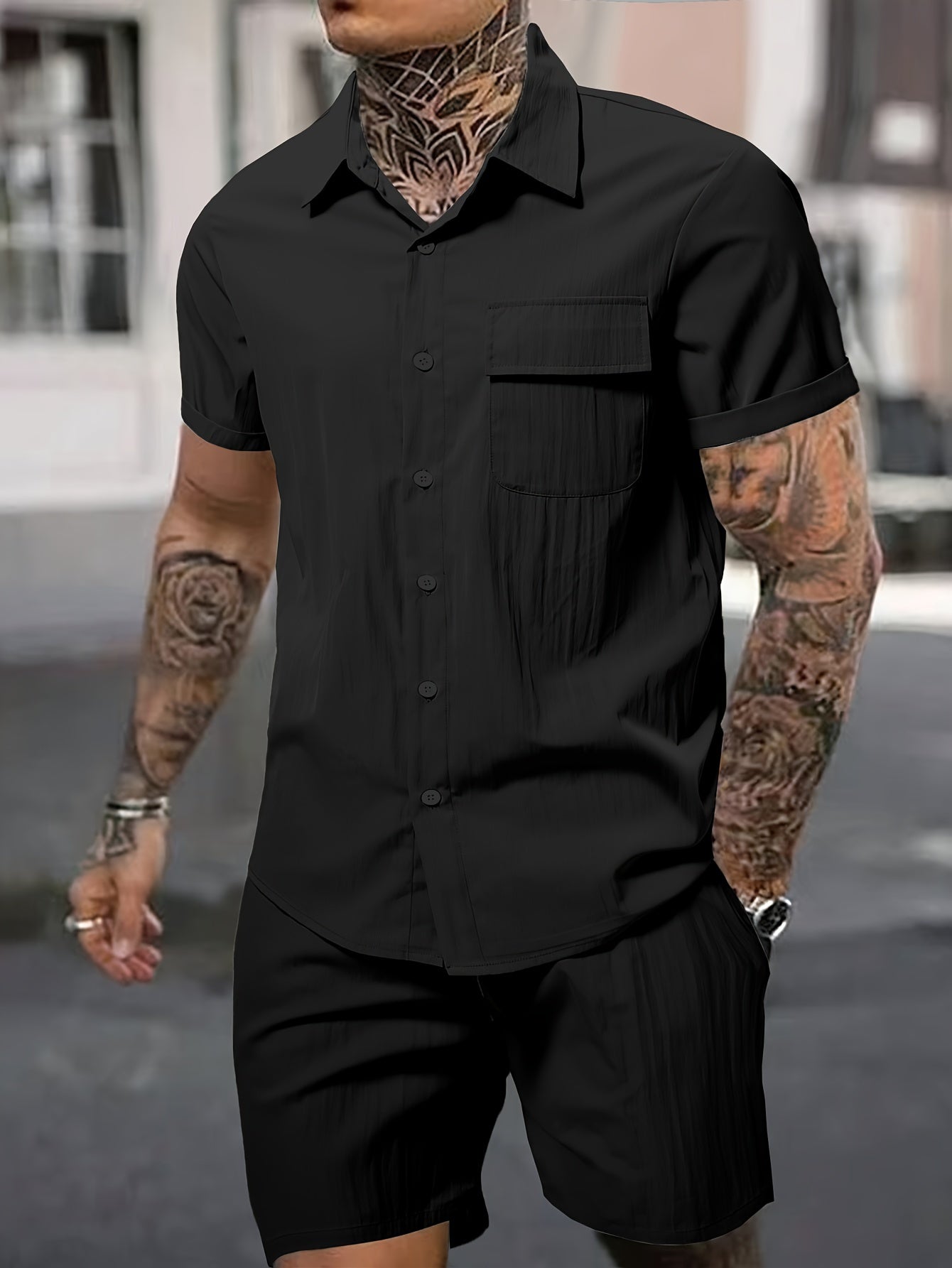 Men's Summer 2pcs Set: Casual Fashion Beige Short Sleeve Collared Shirt & Drawstring Shorts - Lightweight Blend, Ideal for Beach Vacations