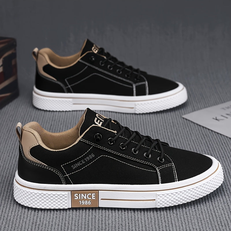 Men's Casual Low-Top Sneakers - Breathable Fabric Durable PVC Sole, Black Beige Contrast Design, Lace-Up Round Toe for All-Season Comfort, Versatile for Casual Semi-Formal Wear, Comfortable Footwear, Fabric Upper