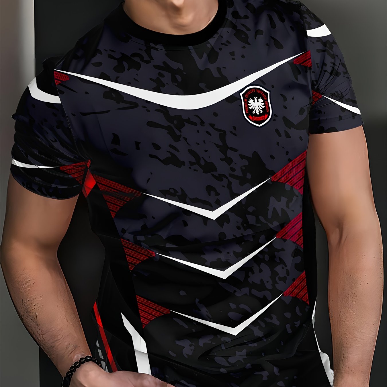 1pc Men'S Athletic Sports T-Shirt - Polyester Crew Neck with Slight Stretch, Patterned Knit Fabric, Casual Summer Top for Fitness Training