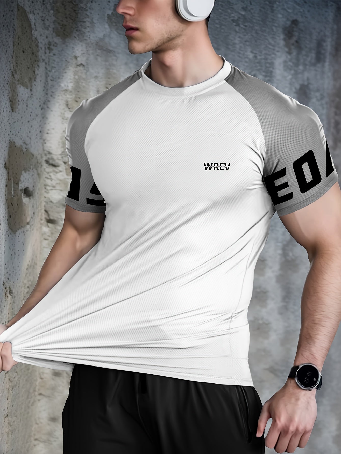 Men's Quick-Dry Breathable Mesh Sports T-Shirt - Summer Gym Workout Top with Contrast Black White Sleeves for Man Letter Print, Slim Fit for Running Training Casual Wear, Breathable Running Gear Sporty Casual Tee Mesh
