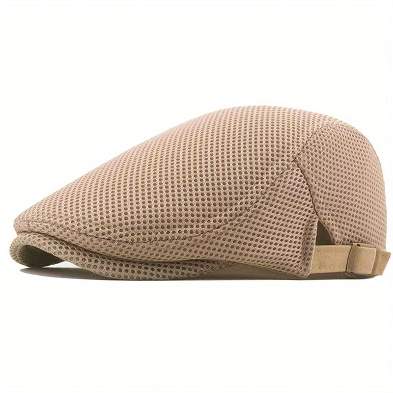 1 Men's Breathable Mesh Beret Hat - Casual Summer Style, 100% Polyester with Adjustable Faux Leather Strap for Comfort Fit