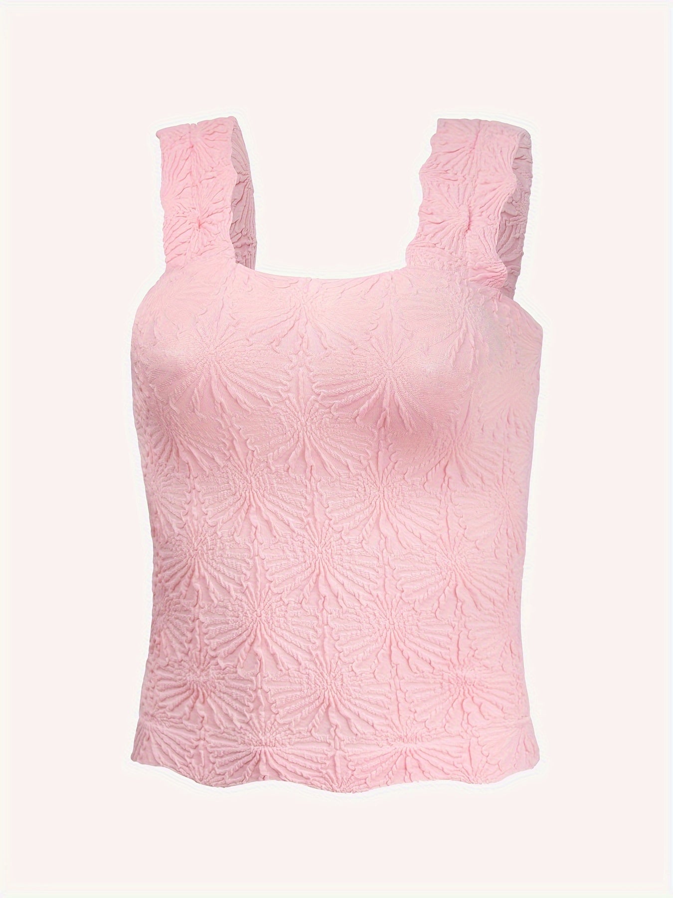 Women's Fashion Cami Tank Top With Jacquard Floral, Wide Shoulder Strap Square Neck Tank Top, Women's Activewear