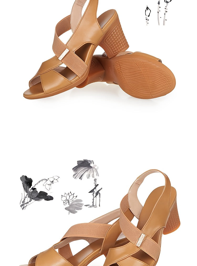 Elegant Tan Peep-Toe Women's Sandals - Comfortable Mid-Heel, Casual Summer Shoes with Chunky Heel, Faux Cover Straps & Non-Slip Rubber Sole for Casual Attire, High Heel Sandals