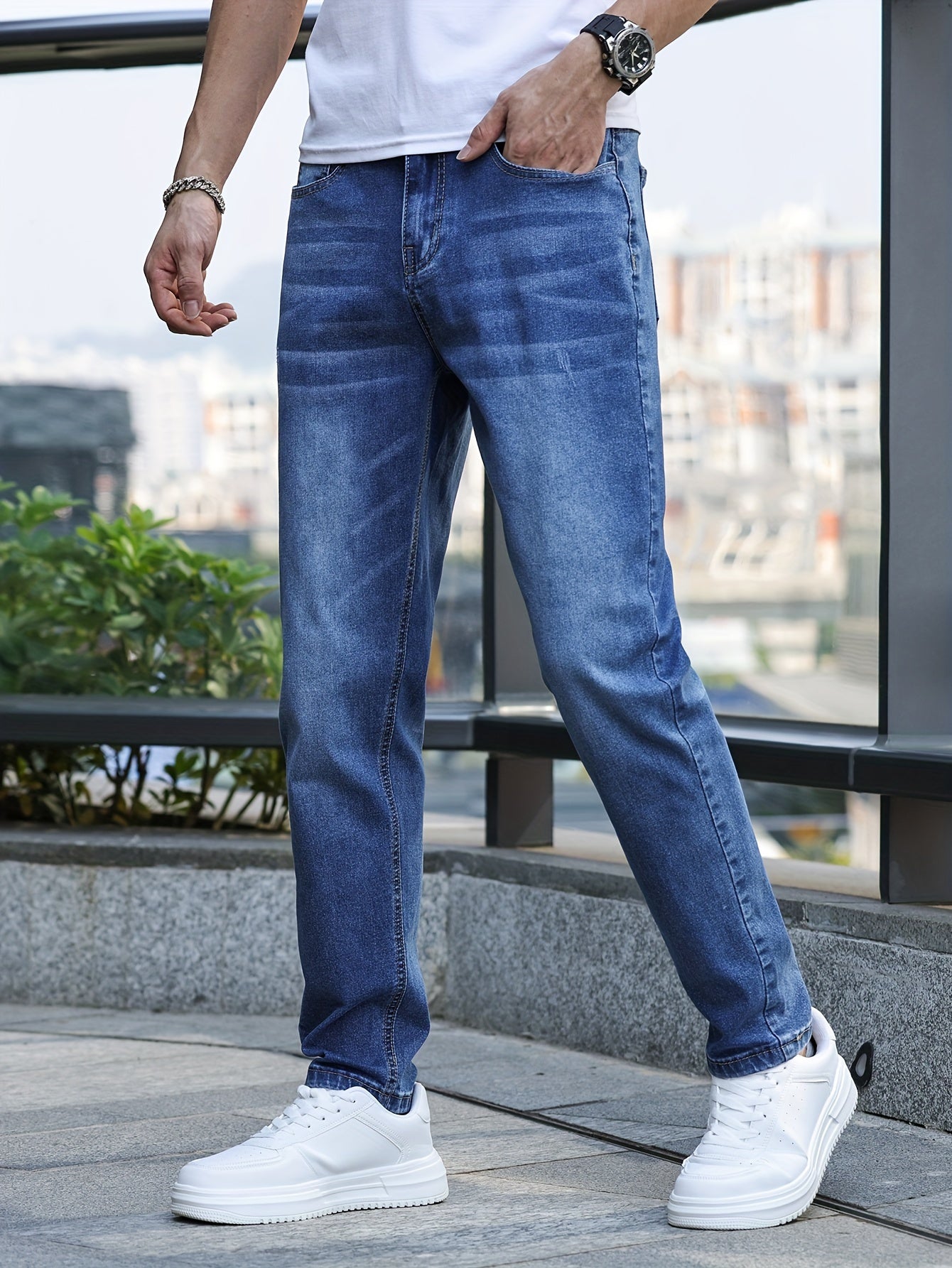 Men's Slim-Fit Stretch Denim Jeans - Casual Street Style, Mid-Rise, Light Blue, Comfortable & Versatile for All Seasons