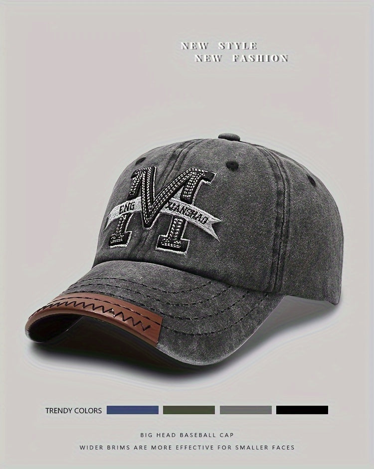 Spring And Autumn Retro Washed Denim Duckbill Cap, Fashionable Outdoor Sun Baseball Hat, With Old Letter M Embroidery, For Men Women