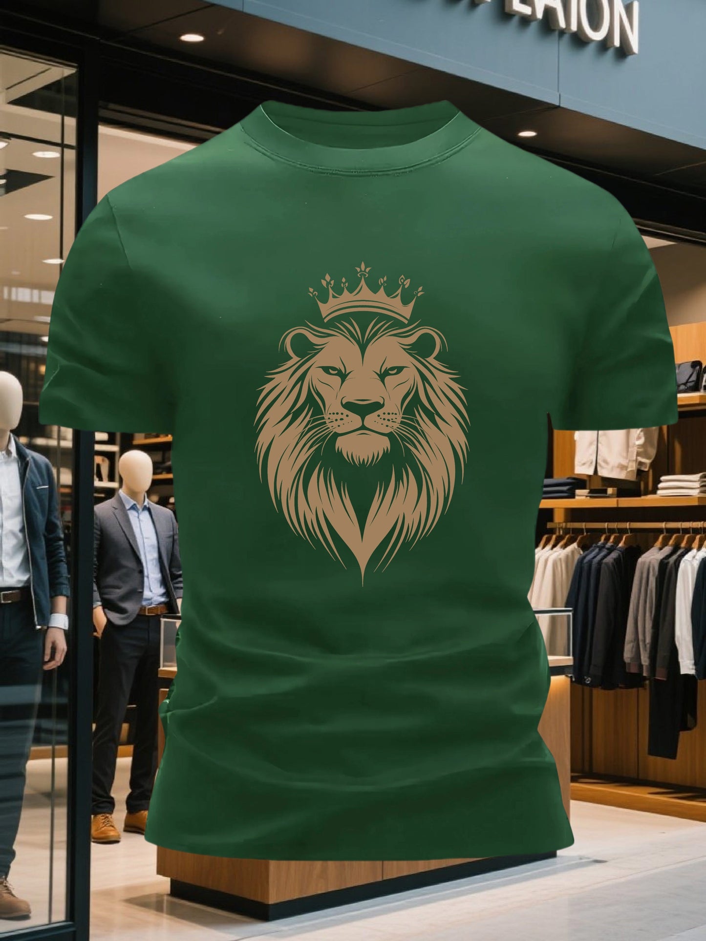 Men's 100% Cotton Crew Neck Short Sleeve T-Shirt with Regal Lion Crown Graphic Print - Navy Blue Casual Comfort Fit, Machine Washable All-Season Versatile Top, Cotton T Shirts, Leisure Clothing, Creative Print Shirt, Soft Tex
