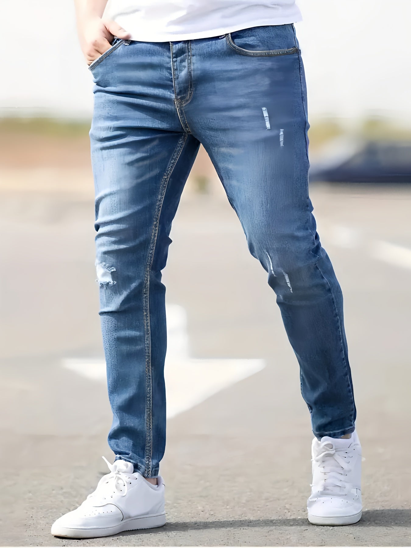 Men's Slim Fit Stretch Denim Jeans - Casual, Breathable & Machine Washable with Ripped Detail