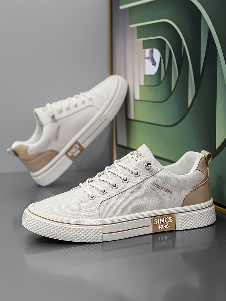 Men's Casual Low-Top Sneakers - Breathable Fabric Durable PVC Sole, Black Beige Contrast Design, Lace-Up Round Toe for All-Season Comfort, Versatile for Casual Semi-Formal Wear, Comfortable Footwear, Fabric Upper