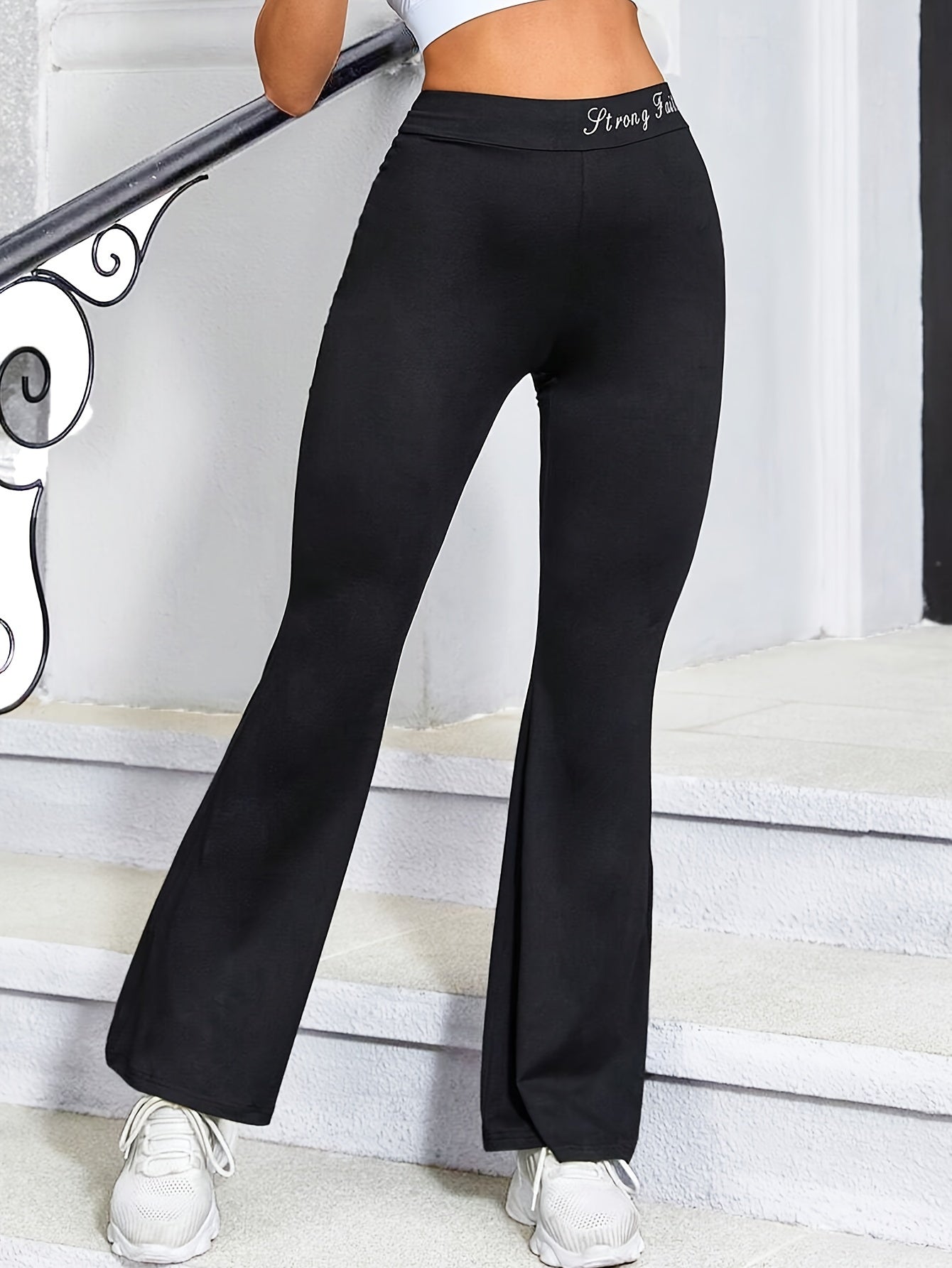 Women's High Waist Flare Yoga Pants, Quick-Dry Stretch Workout Leggings, Fashionable Sports Trousers with Waistband Detail, Gym Running Activewear