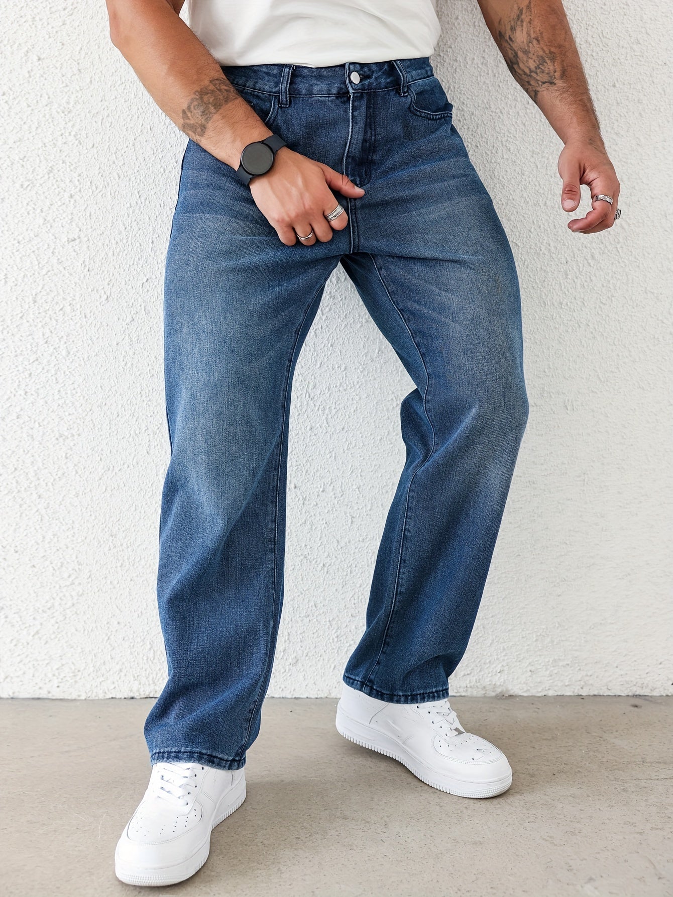Men's Classic Straight-Leg Jeans - Casual Denim with Pockets, Machine Washable, All-Season Comfort