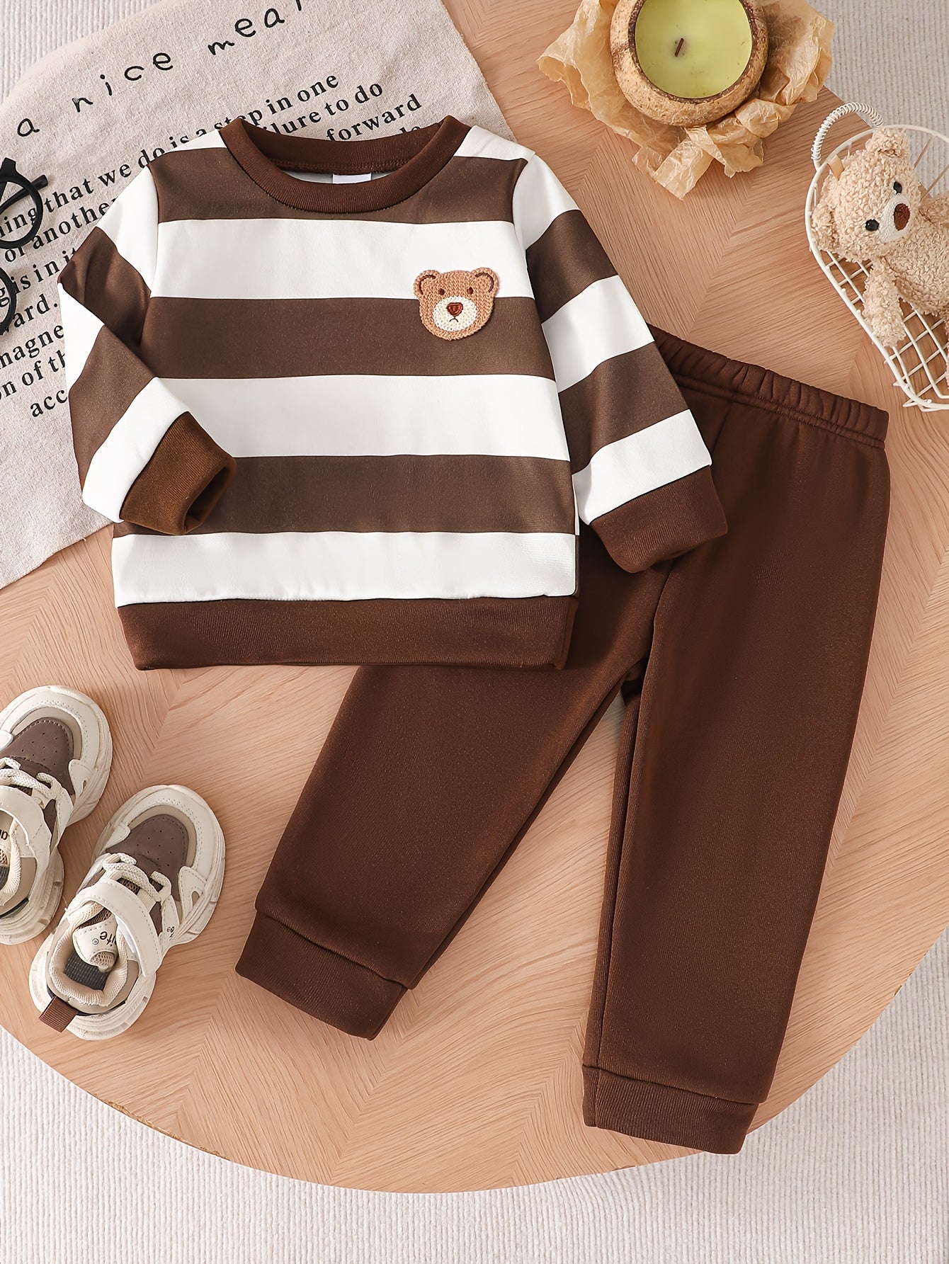 Baby Boy Fall Winter Striped Velvet Sweatshirt and Pants Set