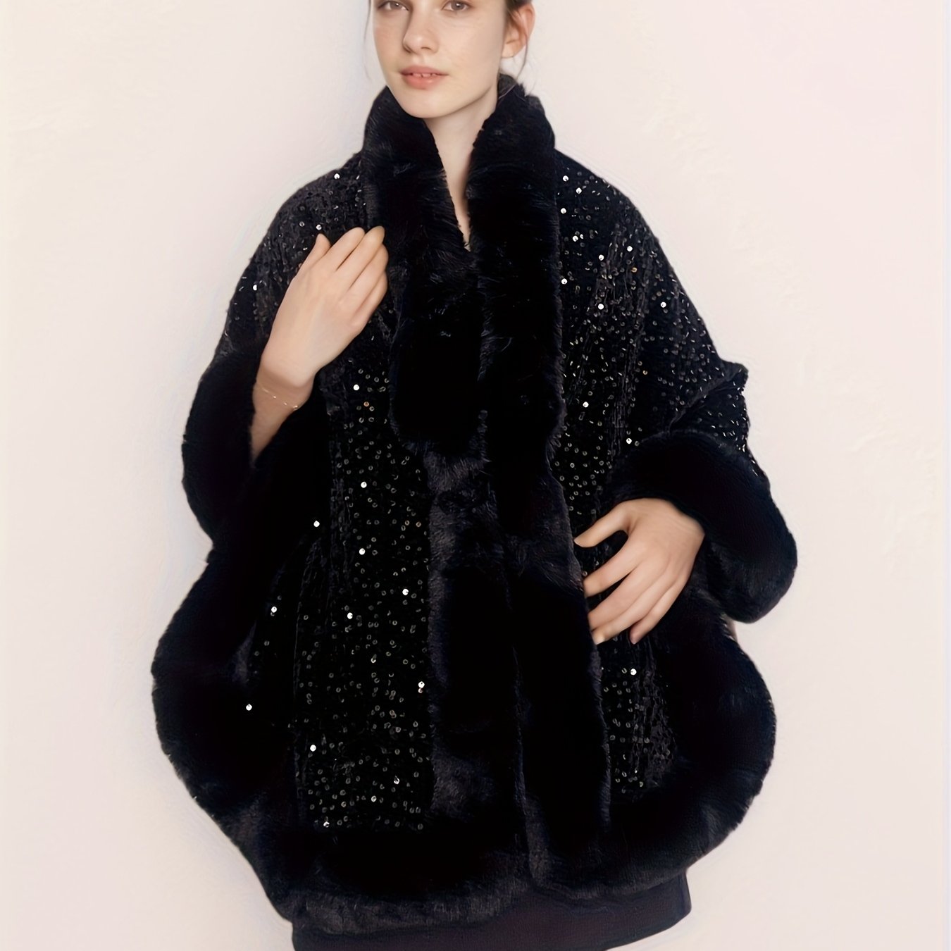 Մեծ չափսի կանացի էլեգանտ շալ-թիկնոց-պոնչո - շքեղ շագանակագույն թիկնոց՝ փայլուն հմայքով, խիտ ձմեռային վերարկու երեկույթների, պաշտոնական միջոցառումների համար՝ չձգվող գործվածք, հեշտ խնամվող էլեգանտ փաթաթան ամենօրյա հատուկ առիթների համար, երեկույթի հագուստ, C