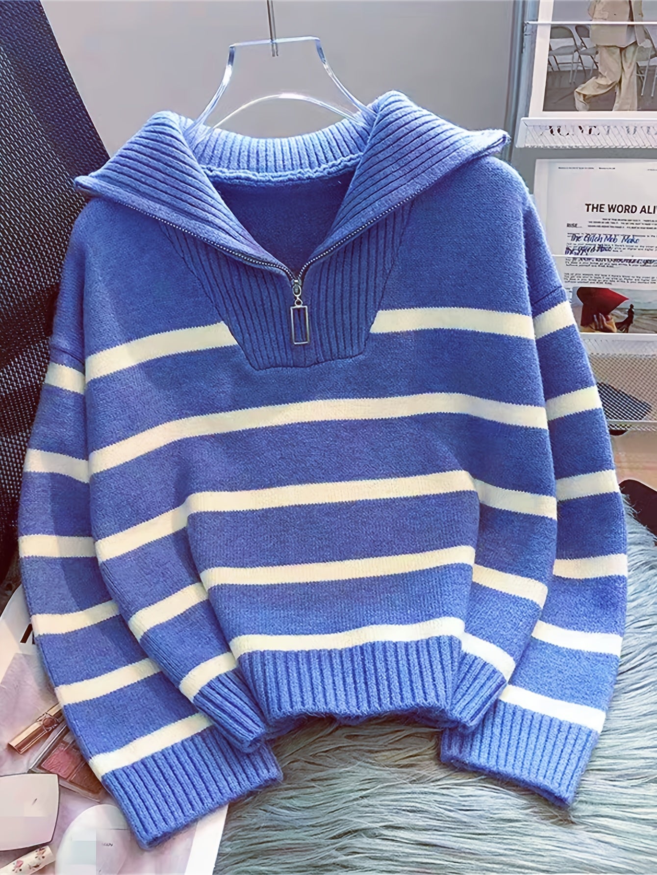 Elegant Striped Zip-Up Knit Sweater - Cozy Acrylic & Polyester Blend, Perfect for Fall/Winter, Cozy Sweater