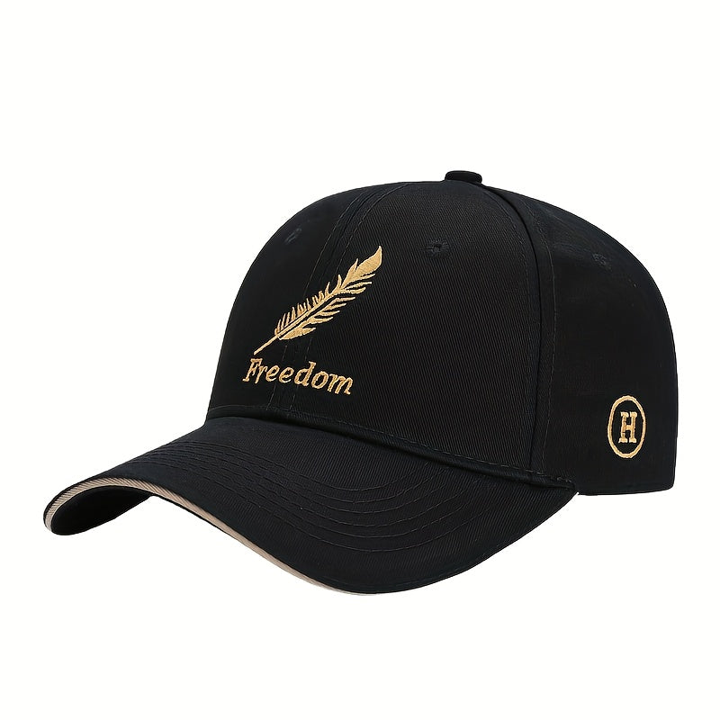 Men's Adjustable Baseball Cap with Feather & Freedom Embroidery - All-Season, Sun Protection, Black Washed Polyester, Sun Visor, Outdoor Sports, Perfect Choice
