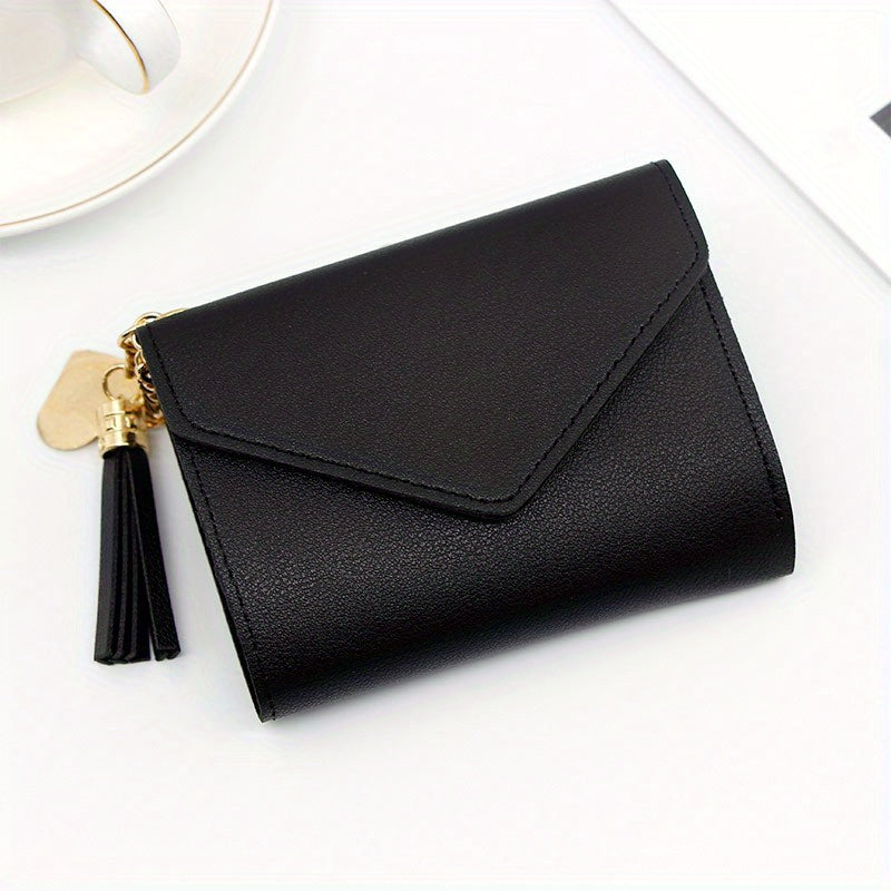1pc Metal Heart & Tassel Decor Wallet Short Women Wallets Purse, Patchwork Fashion Panelled Wallets, Trendy Coin Purse