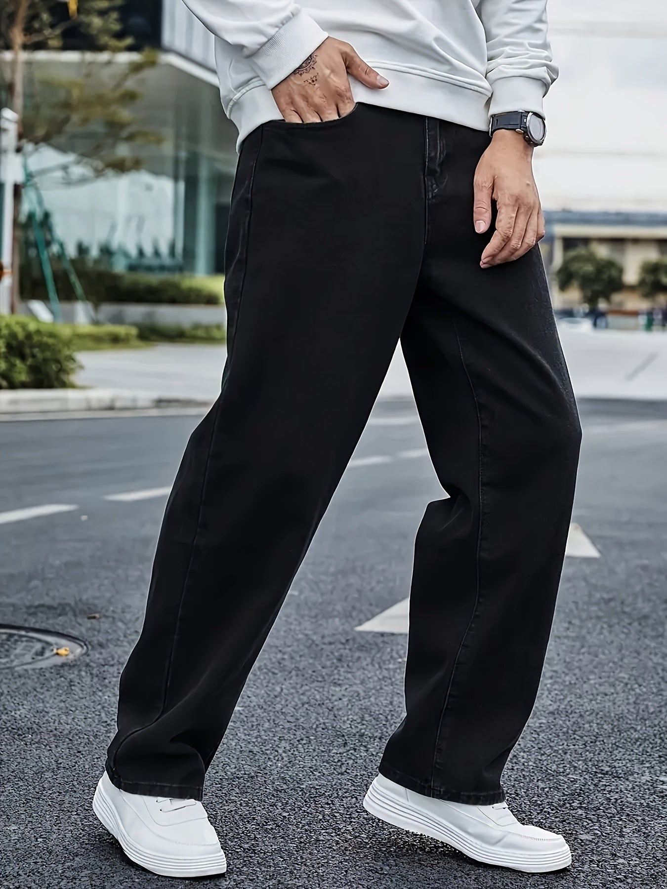 Men's Classic Straight Leg Denim Jeans - Loose Fit, Cotton Blend, Solid Color Black, Street Style, Comfortable & Versatile for All Seasons, Casual Streetwear|Street Style Pants|Nonstretch Fabric