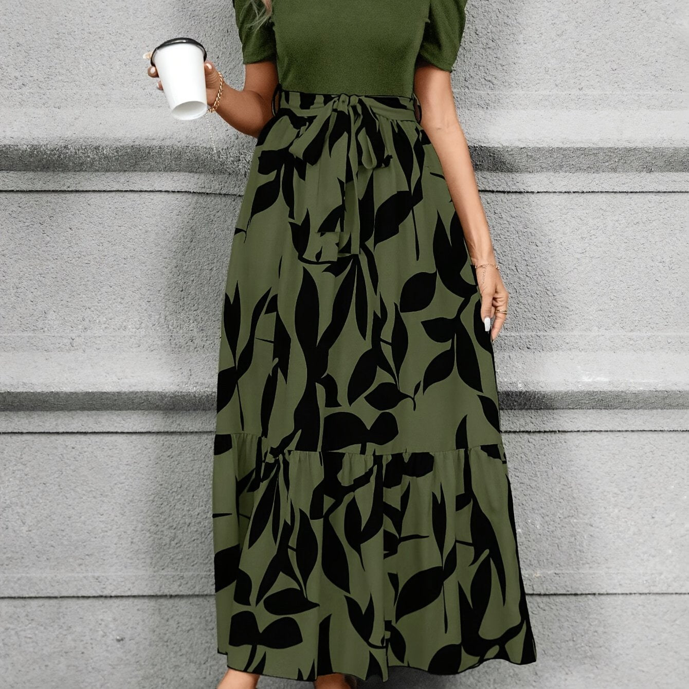 Print Midi Dress with Belt - Crew Neck, Short Sleeve, Non-Stretch Polyester - Machine Washable - Perfect for All Seasons