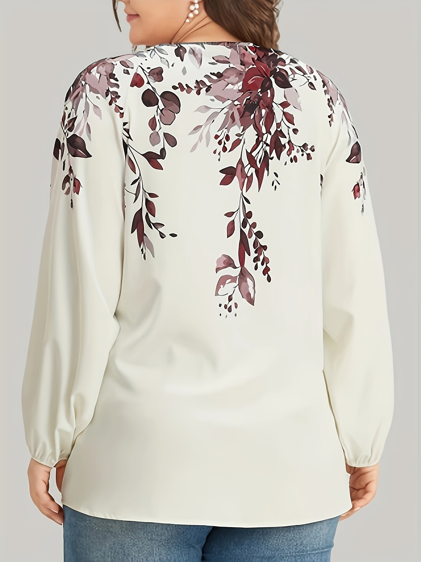 Plus Size Floral Print Blouse, Casual V Neck Long Sleeve Blouse For Spring, Women's Plus Size Clothing