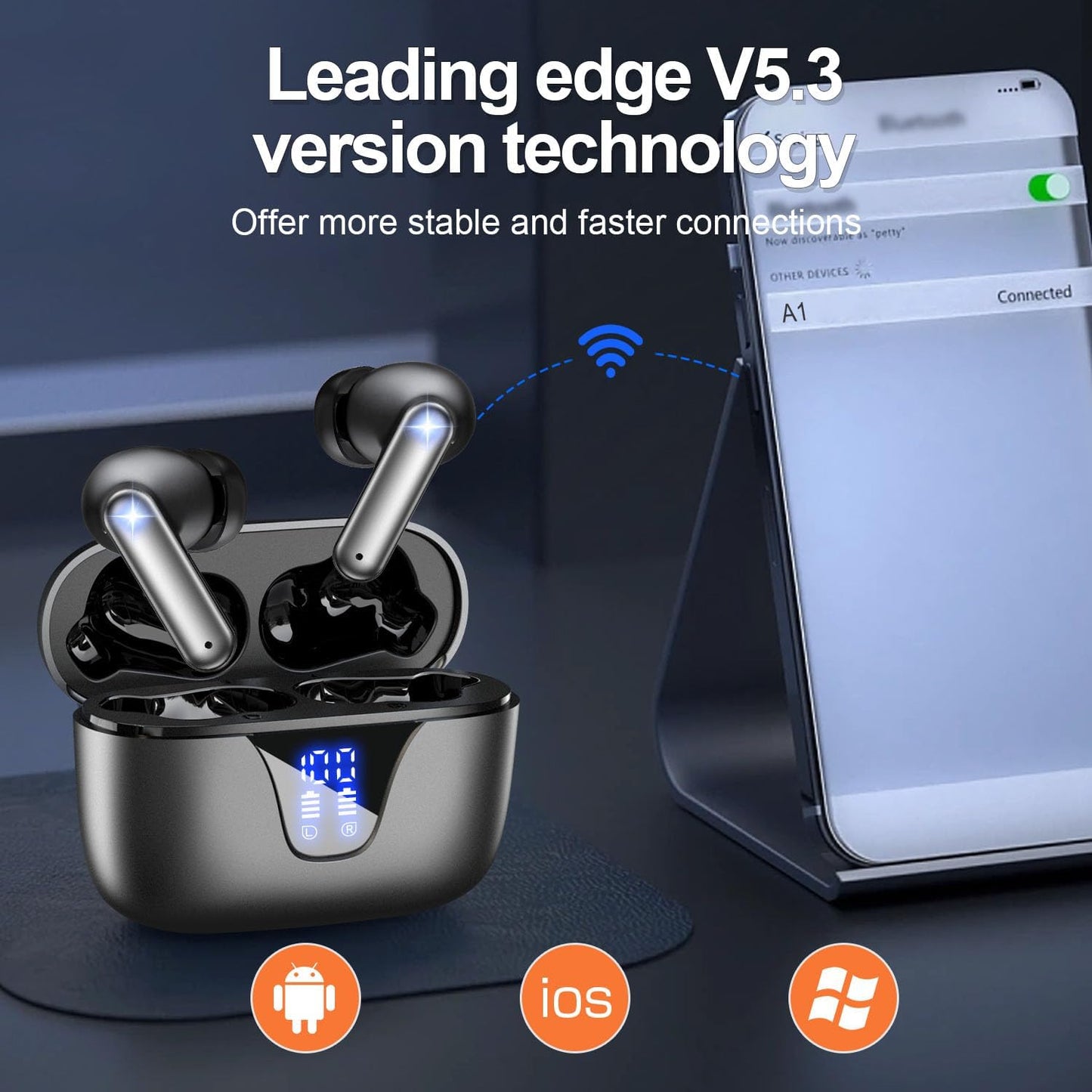 ZIUTY Wireless Earbuds, Ear Buds Bluetooth V5.3 Headphones 50H Playtime with LED Digital Display Charge Case, IPX5 Waterproof Earphones with Mic for Iphone Android Phone Computer Laptop - Star Gray