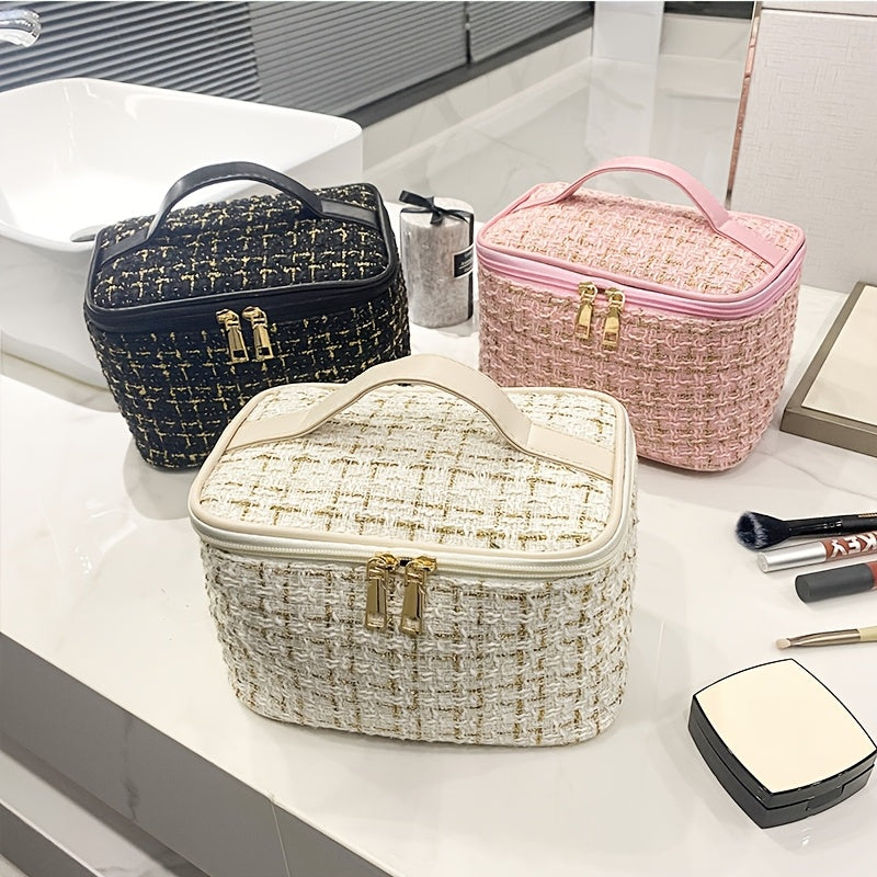 Elegant Plaid Cosmetic Bag - Large Capacity Travel Makeup Organizer with Dual Zippered Compartments, Portable Toiletry Storage in Light Blue/White/Pink/Red/Navy/Black, Polyester Material, Hand Wash or Dry Clean, Toiletry Trav