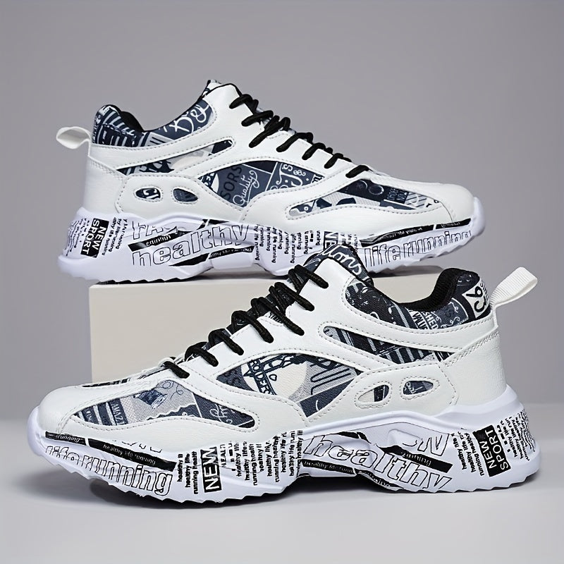 Men'S Women'S Graffiti Couple Sneakers, All-Season Lightweight Cushioned Running Shoes, Stability Pronation, Cartoon Pattern, MD Sole, EVA Insole, Polyurethane Upper, Fabric Lining