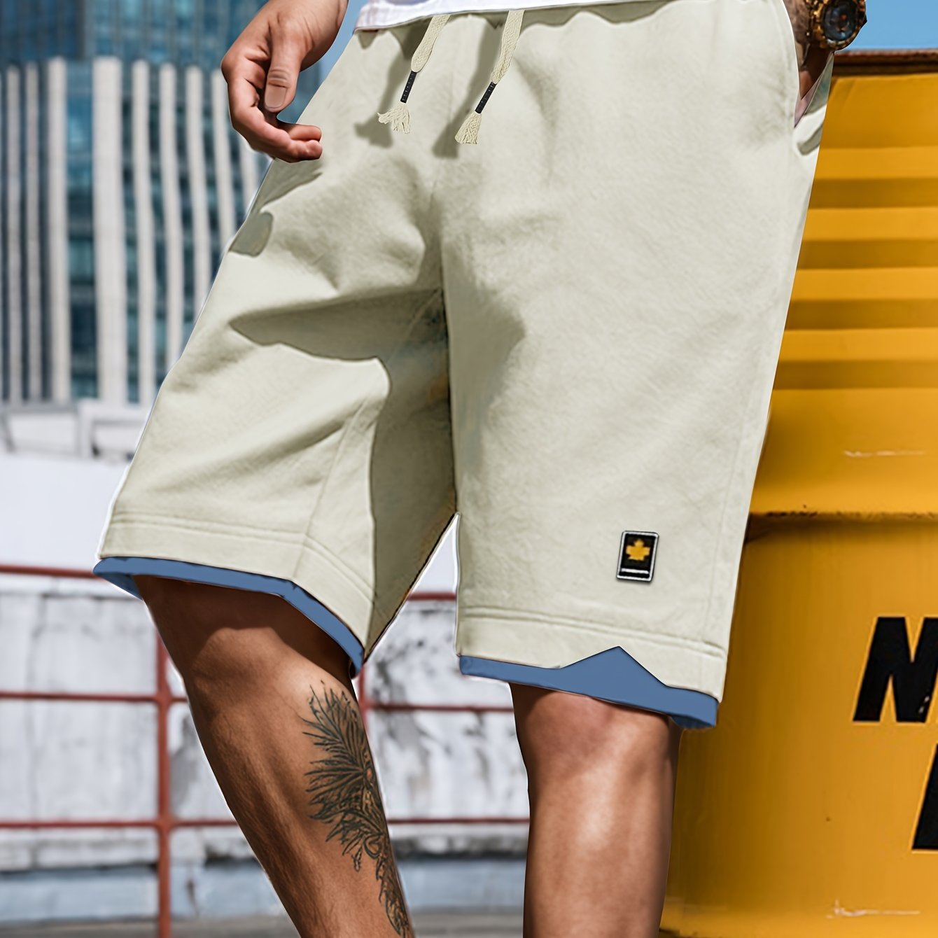 Men's Solid Shorts With Pockets, Casual Elastic Waist Fake Two-piece Drawstring Shorts For Summer