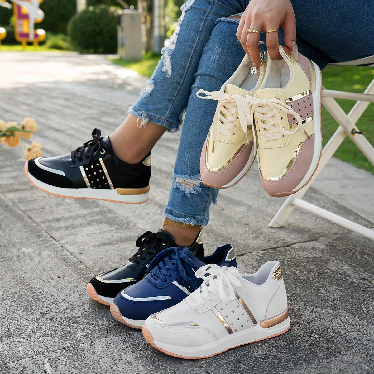 Women'S Chunky Platform Sneakers - Pastel Yellow Pink Synthetic Cover Low-Top Lace-Up Shoes with Golden Accents, Breathable Fabric Lining, Durable PU Sole for All-Season Casual Wear, Ladies Sneakers, Comfortable Footwear