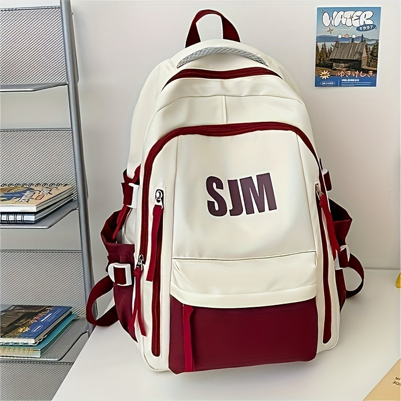 Stylish Unisex Nylon Backpack - Durable Casual Travel School Bag with Adjustable Straps, White Blue Design, Lightweight and Spacious for Everyday Use, School Backpack Contrast Strap Design Polyester Lined, Travel Back