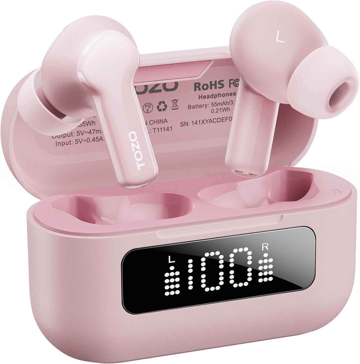 TOZO Hybrid Active Noise Cancelling Wireless Earbuds with 6 Mics AI Clear Call Ear Buds 55H Playtime with LED Display 32 Preset Eqs via APP Bluetooth 5.3 IPX8 Waterproof in Ear Headphones