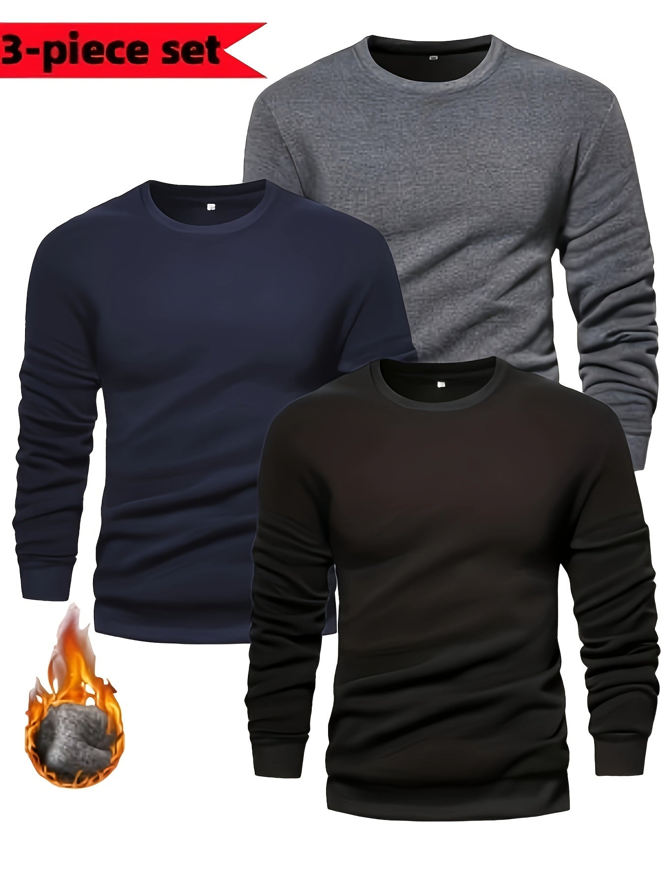 3pcs Men's Solid Color Knit Pullover For Autumn And Winter - Versatile Warm Crew Neck Long Sleeve, As Gift