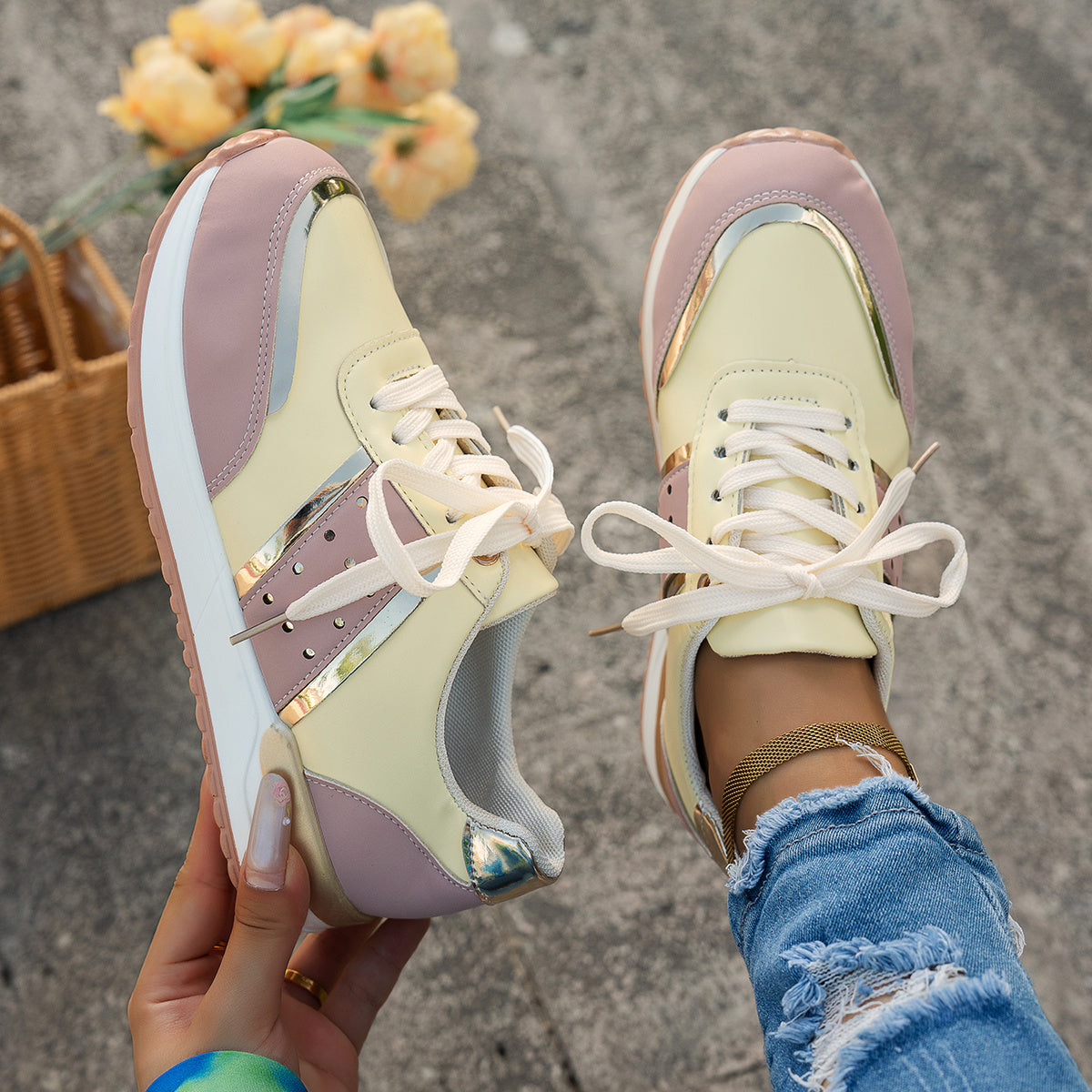 Women'S Chunky Platform Sneakers - Pastel Yellow Pink Synthetic Cover Low-Top Lace-Up Shoes with Golden Accents, Breathable Fabric Lining, Durable PU Sole for All-Season Casual Wear, Ladies Sneakers, Comfortable Footwear