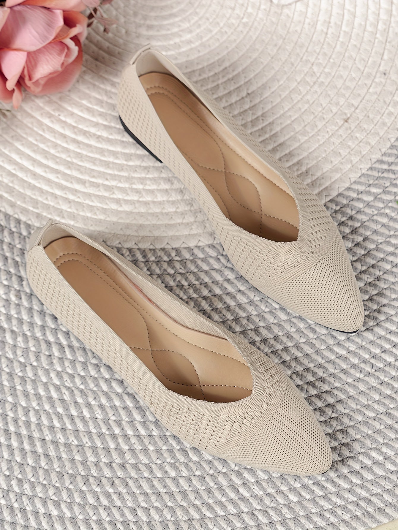 Women's Fashion Flat Shoes, Casual Pointed Toe Knit Flats, Breathable & Comfort Slip-On Ballet Shoes For Daily Wear