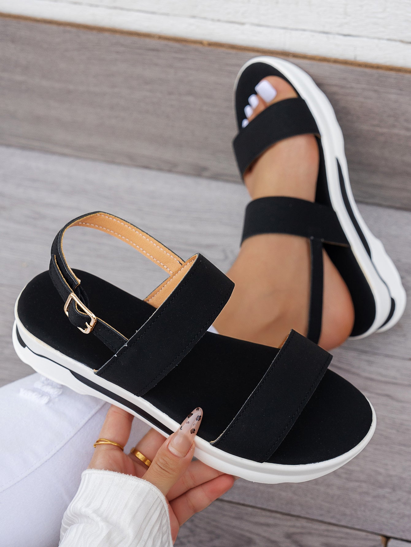 Mhysa Women's Comfortable Open-Toe Platform Sandals with Thick Sole & Golden Buckle Strap - Summer Casual White PU Cover Ankle Strap Sandals for Casual Attire, Ladies Sandals