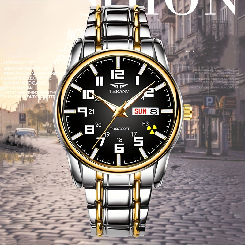 1pc New Stainless Steel with Digital Men's Watch Calendar Week Display Fashion Trend Life Travel Luminous Casual Sport Business Watch Ideal for Birthday Gifts Holiday Gifts Gifts