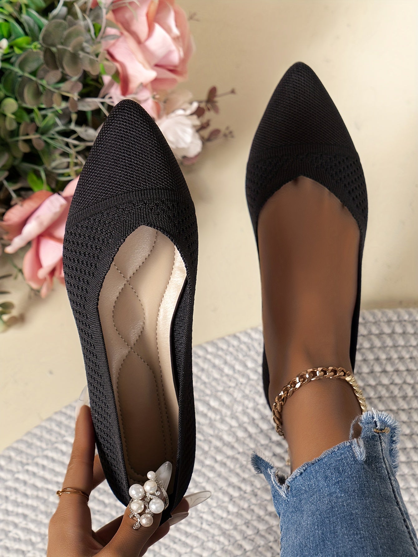 Women's Fashion Flat Shoes, Casual Pointed Toe Knit Flats, Breathable & Comfort Slip-On Ballet Shoes For Daily Wear