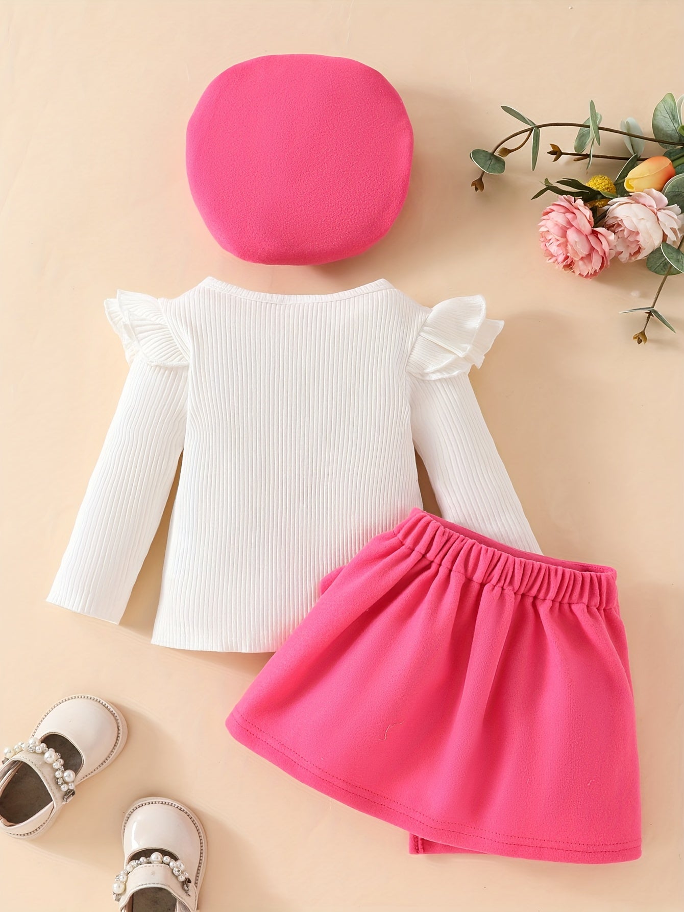 Honey Style Knitted Fabric Crew Neck Long Sleeve T-Shirt with Solid Color Flared Skirt and Beret Set for - Bow Detail Knee High Medium Stretch Fall/Winter Outfit