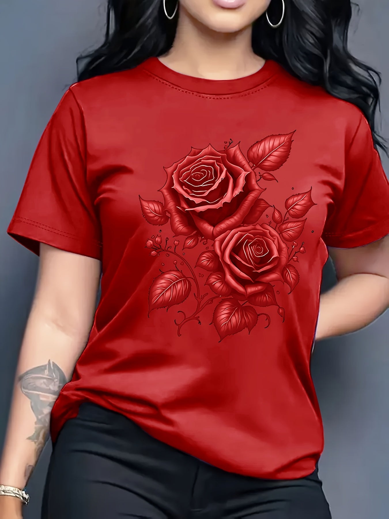 Women's Light Blue Yellow Rose Print T-Shirt - Short Sleeve Crew Neck Casual Top with Medium Stretch, Machine Washable & Breathable Fabric for All-Season Comfort, Relaxed Style, Graphic Tee, Stretchy Material, Printed Shirt,