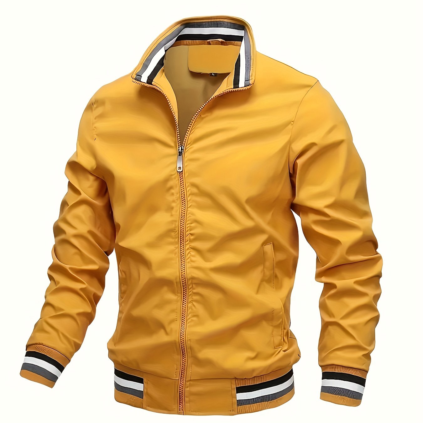 Lightweight And Trendy Men's Long Sleeve Zipper Jacket With Stand Collar, Pockets And Stripe Pattern Pieces, Suitable For Spring And Autumn Outdoors Activities