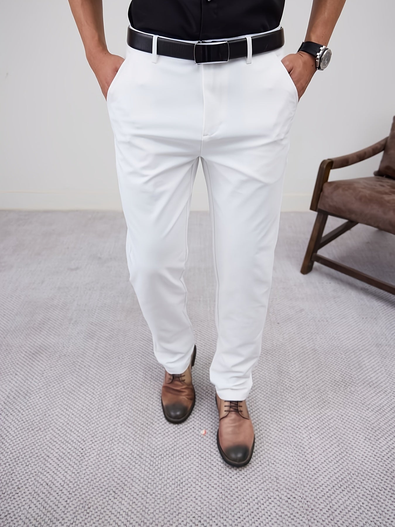 Men'S Casual Solid Color Regular Length Slight Stretch Woven Fabric Pants for Adult