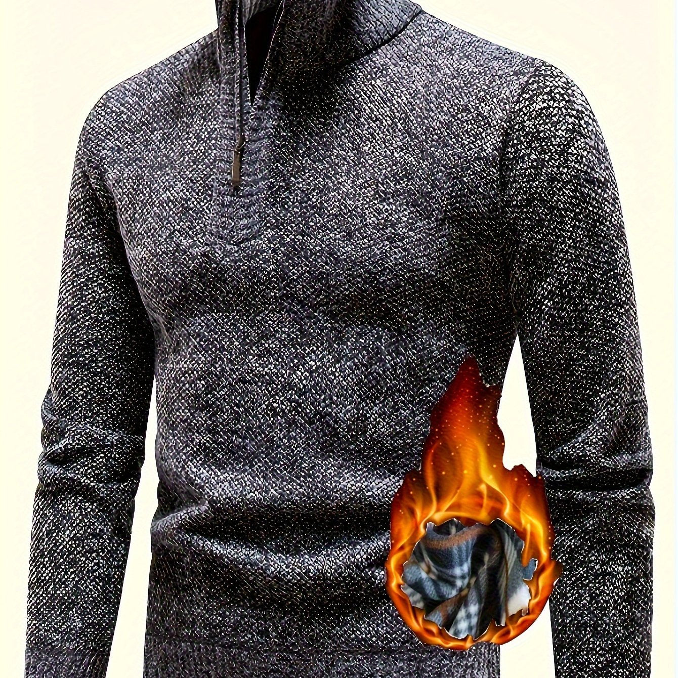 Men's Fleece-Lined Warm Knit Sweater - Autumn/Winter, Solid Color with Stand Collar & Short Zipper Placket, Long Sleeve, Polyester - Ideal for Hiking, Cycling & Casual Attire, Winter Sweater