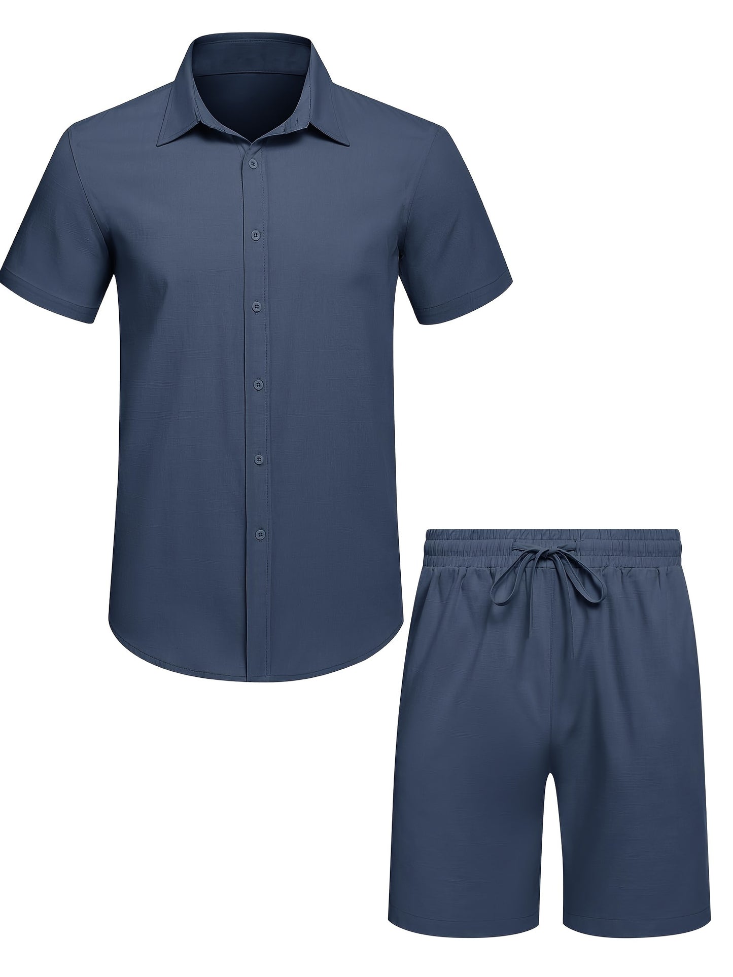 Men'S 2pcs Summer Beach Set, Cotton Linen Blend, Casual Short Sleeve Button- Shirt and Shorts, Solid Color, Lapel Collar, Non-Stretch Fabric, Regular Fit, Woven, 160g/m² - Loungewear Outfit